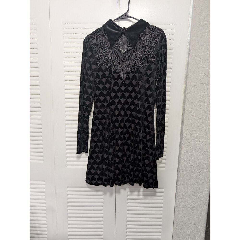 PUNK RAVE Black Gothic Heart Print Mini Long Sleeve Dark Grunge Skater Dress